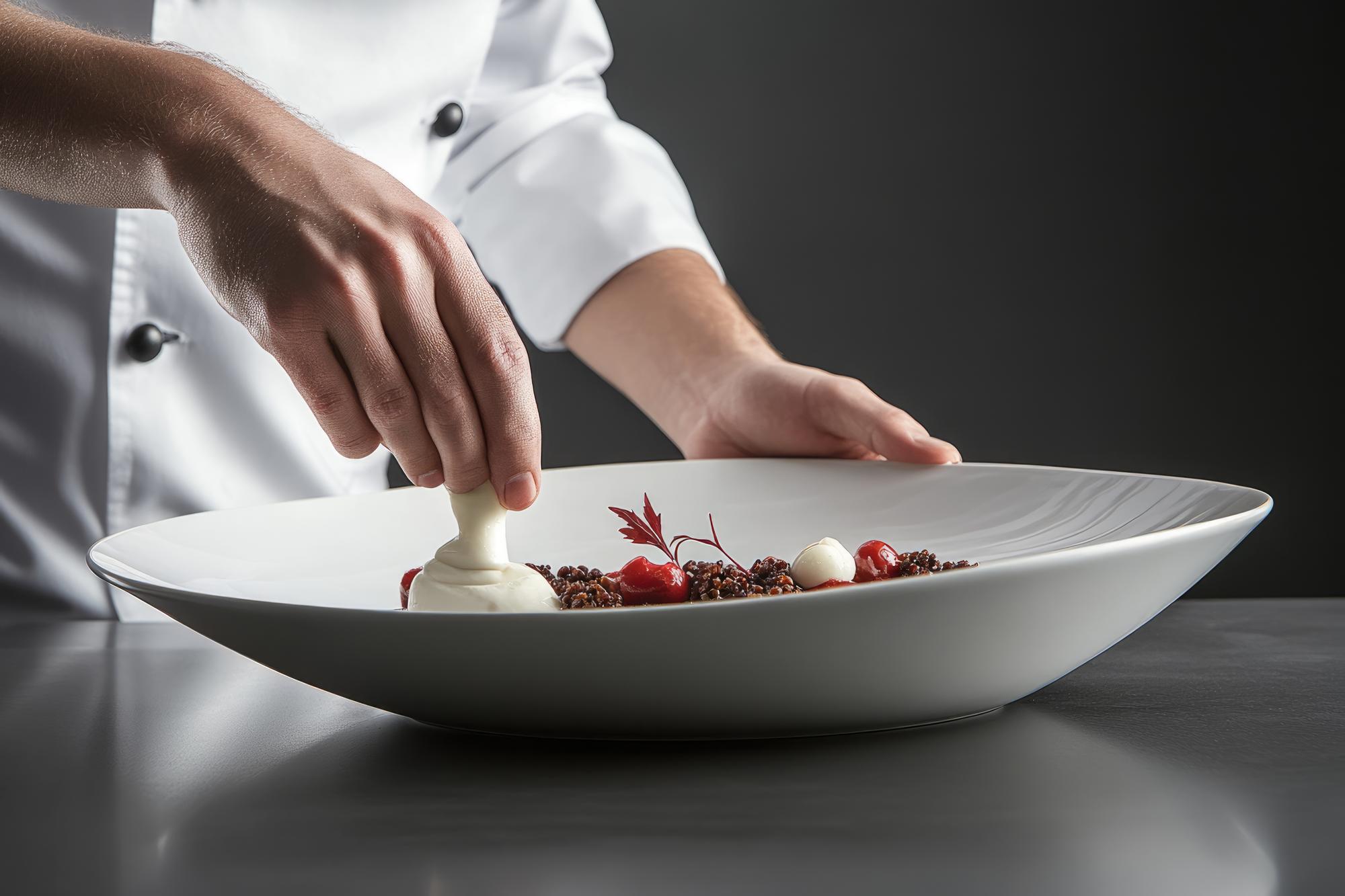 Chef preparing plated dish with minimal styling